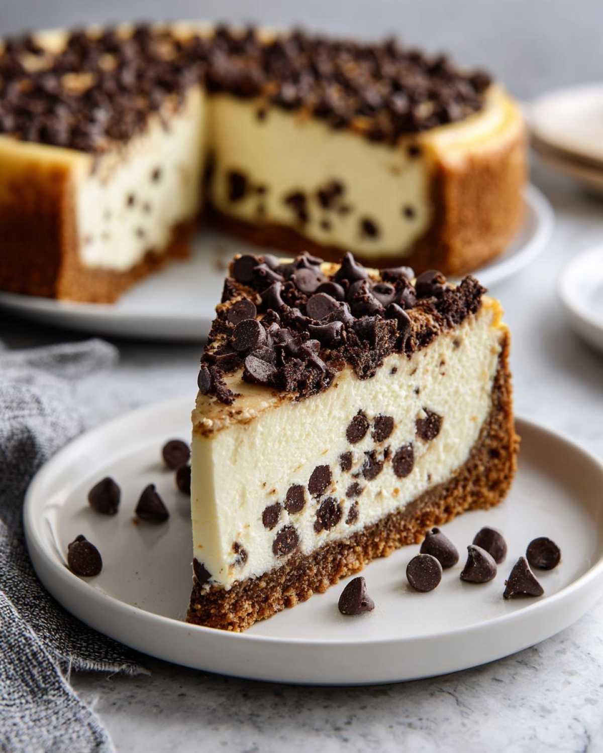 A slice of rich chocolate chip cheesecake topped with chips, with the rest of the chocolate chip cheesecake in the background.