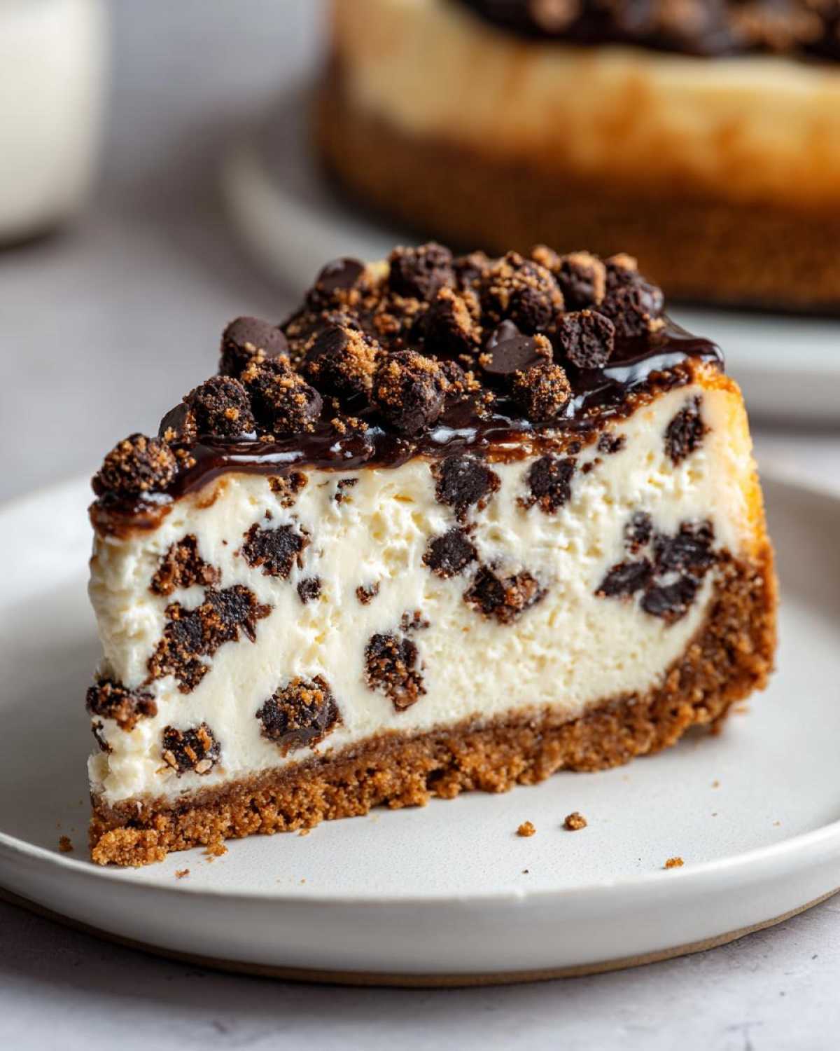 A perfect slice of chocolate chip cheesecake with a graham cracker crust, topped with chocolate chips and sauce.