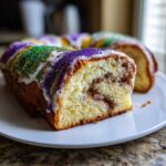 Close-up of a slice of king cake showing the cinnamon swirl interior, topped with white icing and purple, green, and gold sprinkles.
