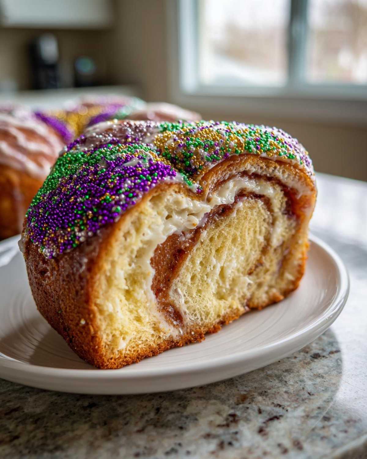 Close-up of a slice of rich king cake showing a swirl of filling and vibrant purple, green, and gold sprinkles.