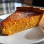 A close-up, sunlit slice of rich, orange sweet potato pie resting on a white dessert plate.