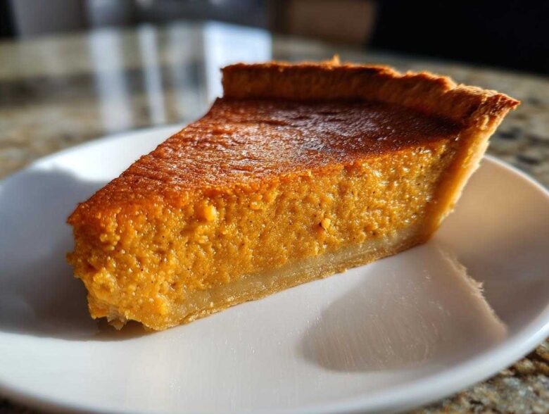 A close-up, sunlit slice of rich, orange sweet potato pie resting on a white dessert plate.