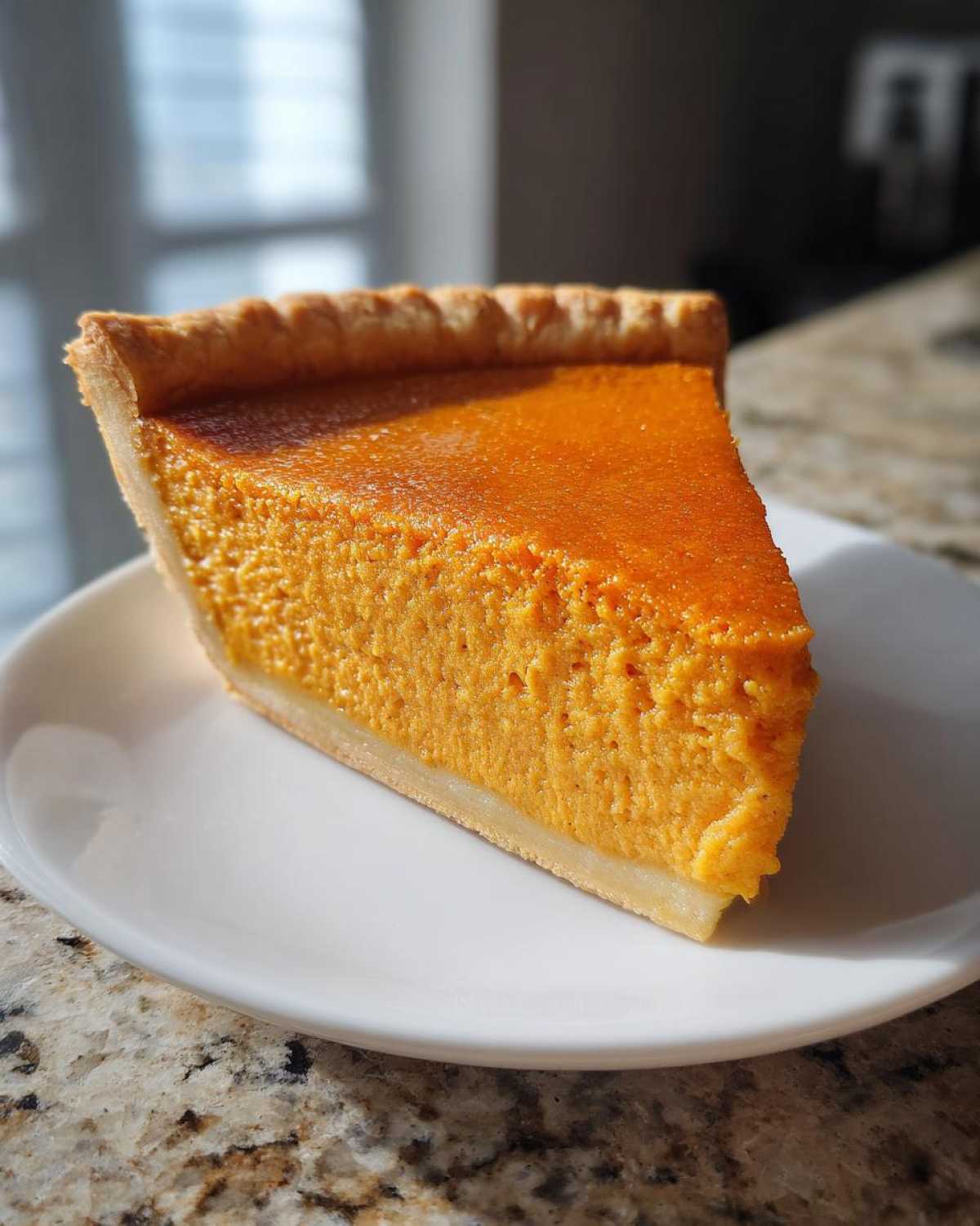 A close-up, sunlit slice of rich, orange sweet potato pie resting on a white plate.