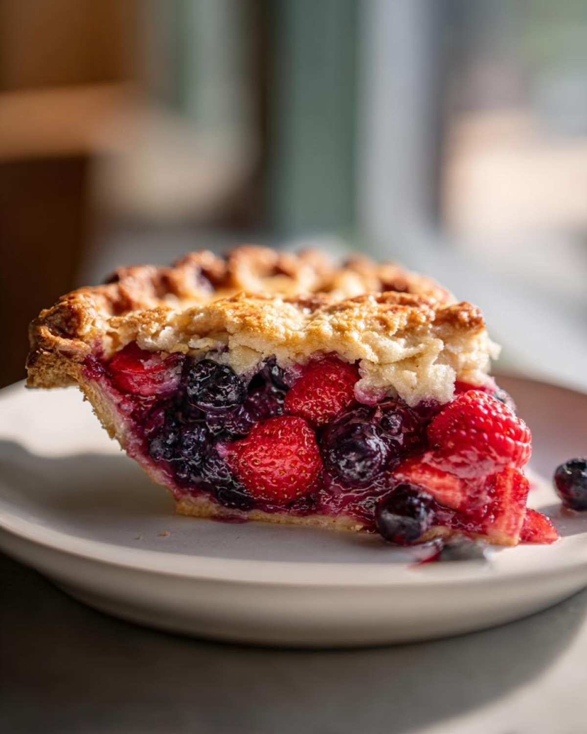 A close-up of a slice of triple berry pie showing a thick, juicy filling of strawberries, blueberries, and raspberries under a golden crust.