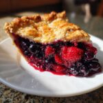 A close-up slice of triple berry pie showing a thick, juicy filling of mixed berries and a flaky, golden-brown top crust.