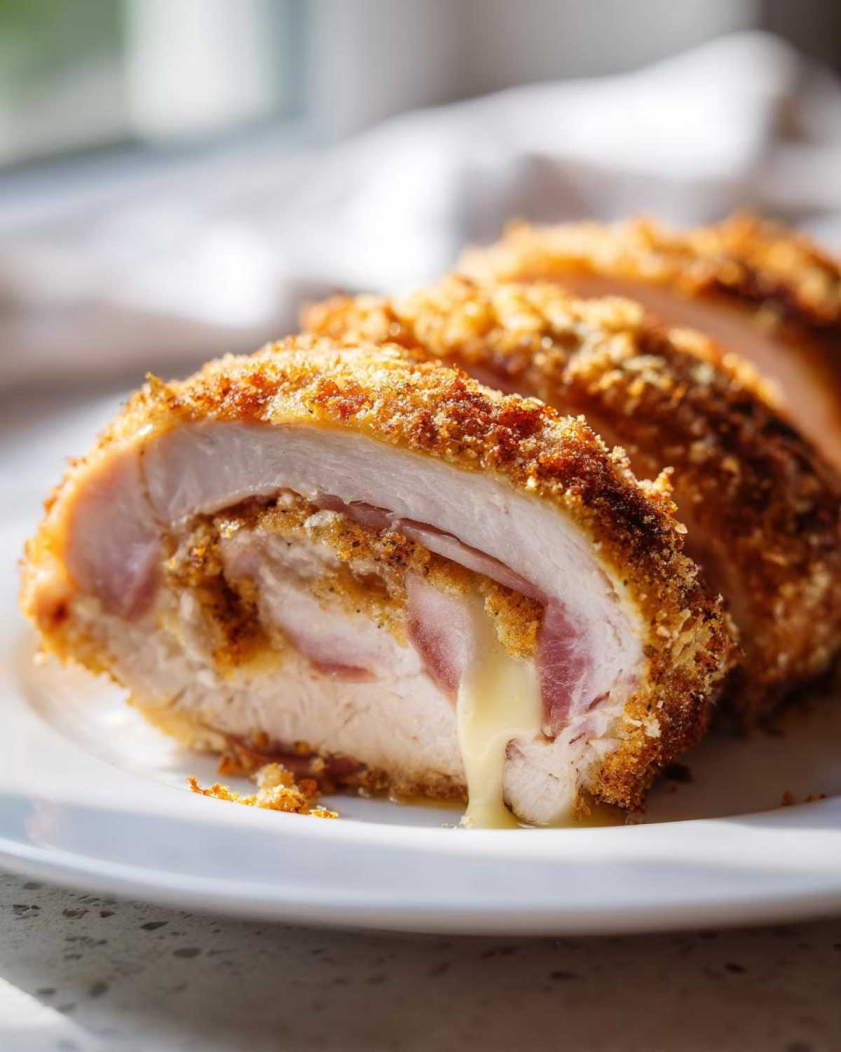 Close-up of sliced chicken cordon bleu showing melted cheese oozing out, with a crispy breaded exterior.