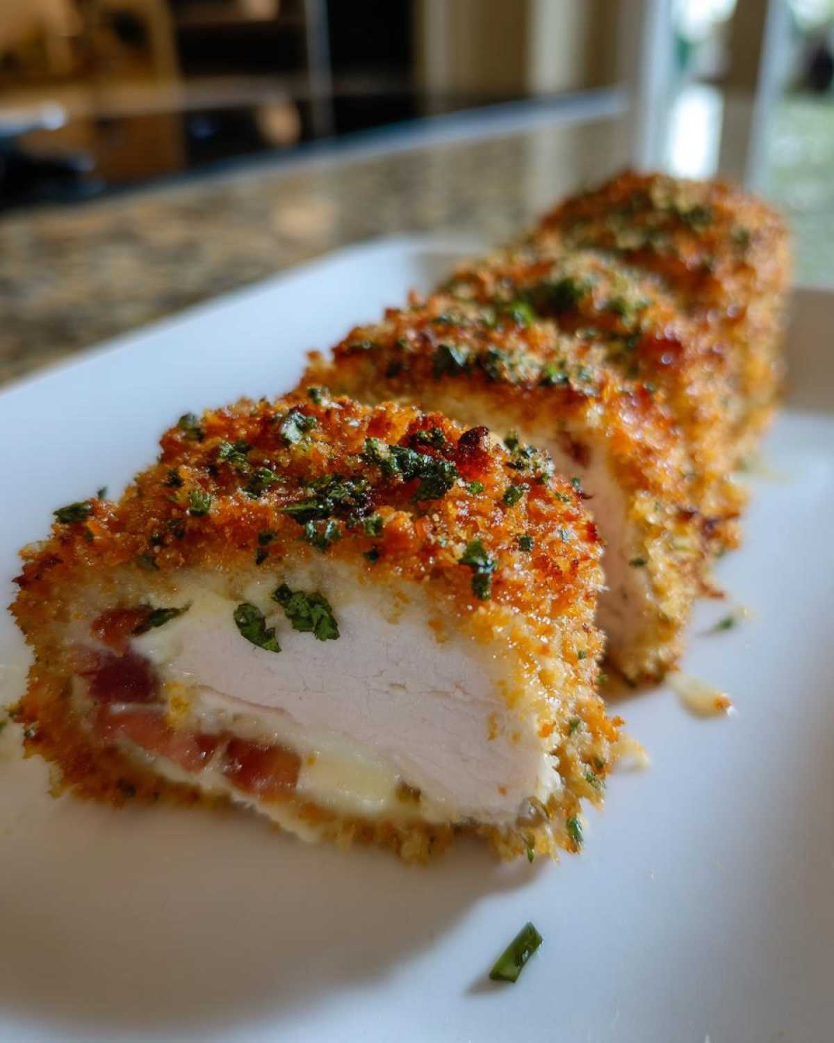 Cross-section of baked chicken cordon bleu showing white chicken breast, melted cheese, and ham, coated in crispy breadcrumbs.
