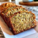 Close-up of three thick slices of moist zucchini banana bread on a white platter, showing the texture and green zucchini shreds.