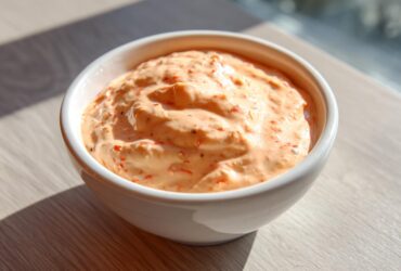 A white bowl filled with creamy, orange-tinted smash burger sauce speckled with red spices, sitting on a wooden surface.