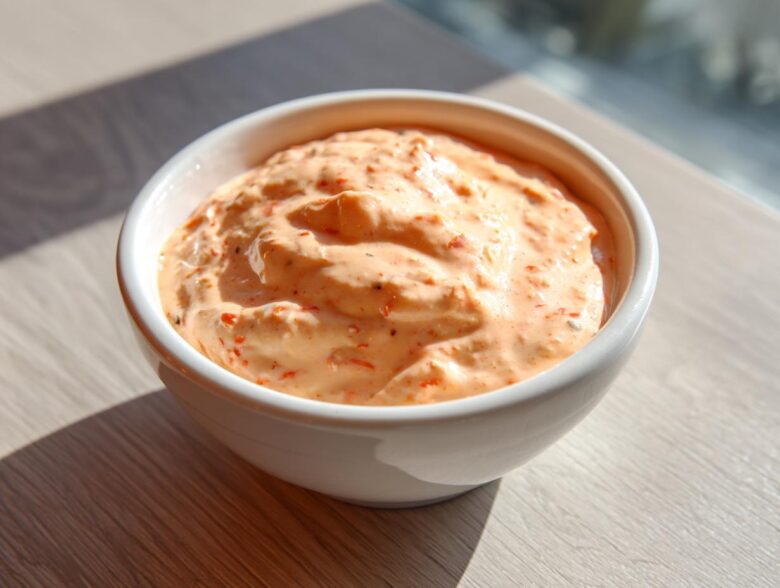A white bowl filled with creamy, orange-tinted smash burger sauce speckled with red spices, sitting on a wooden surface.