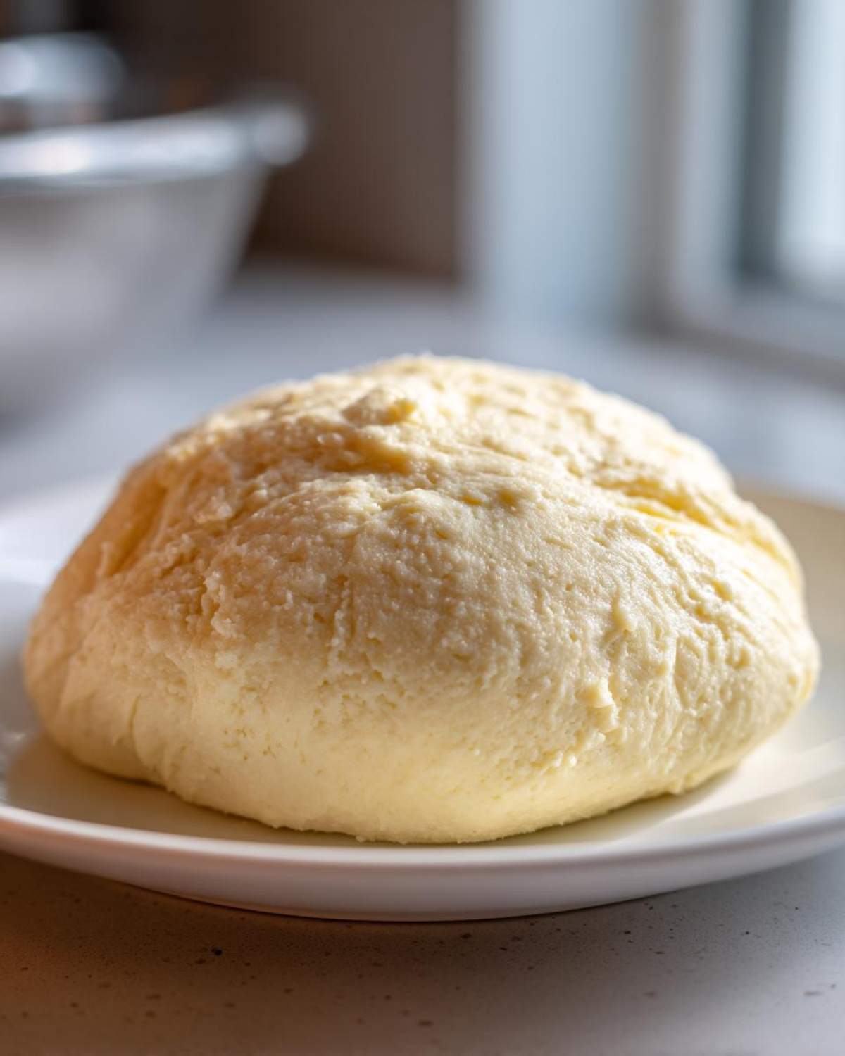 A freshly made, smooth ball of pale yellow fufu resting on a white plate, ready to serve.