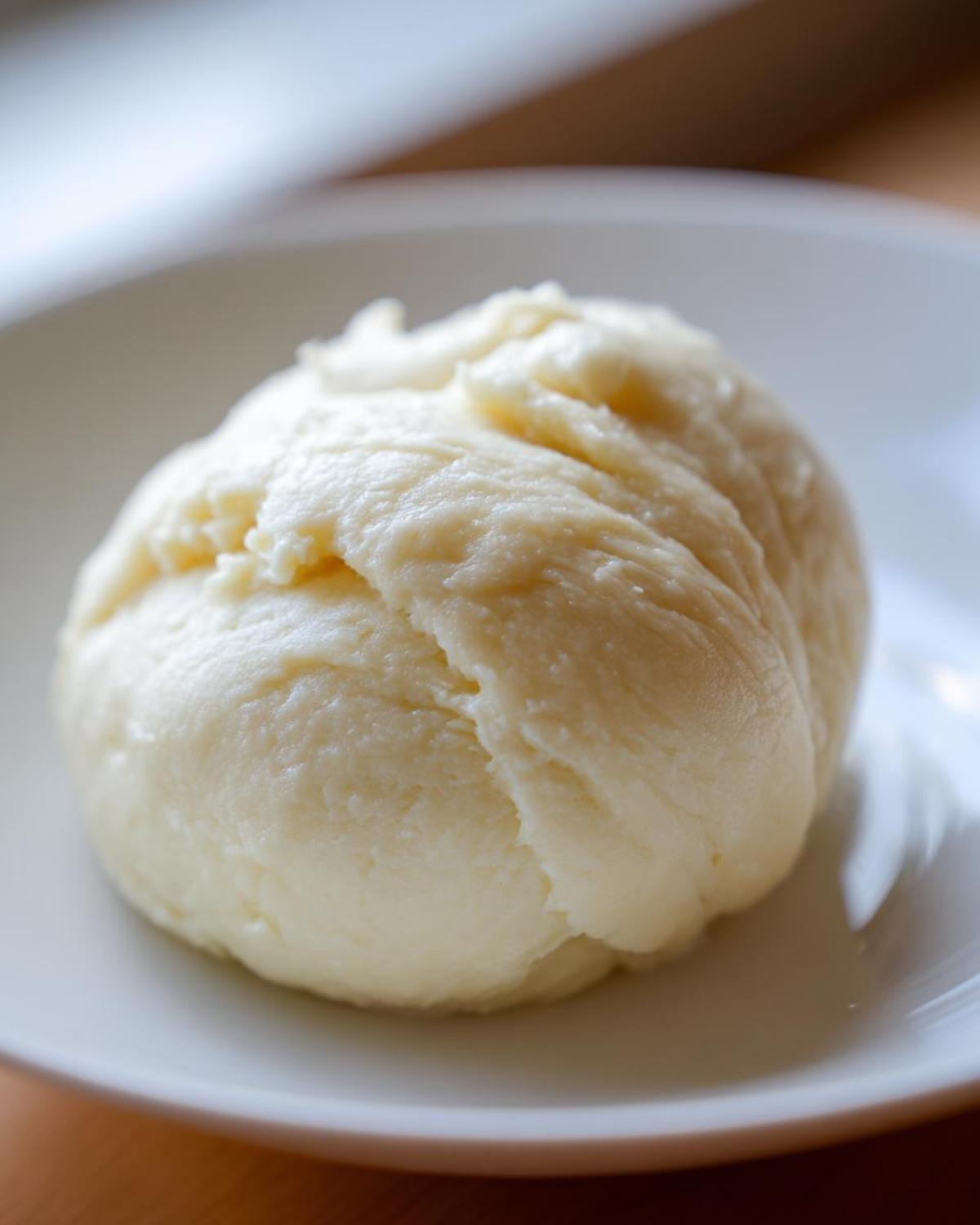 Close-up of a single, smooth, pale yellow ball of fufu served on a white plate.
