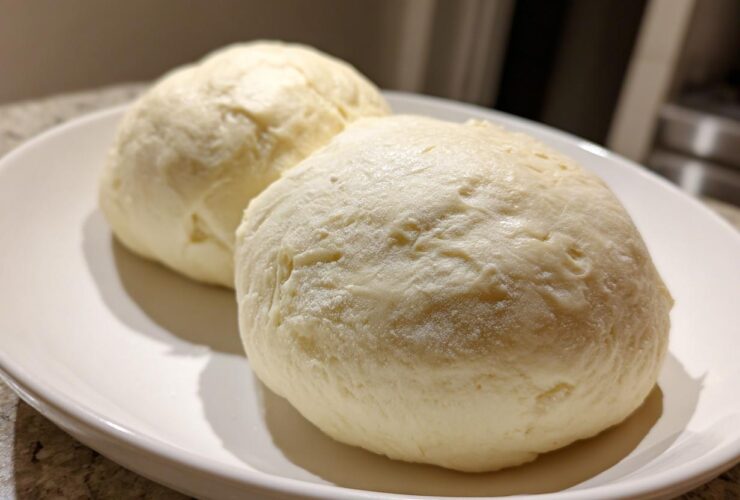 Two perfectly shaped, smooth balls of homemade fufu resting on a white serving plate.
