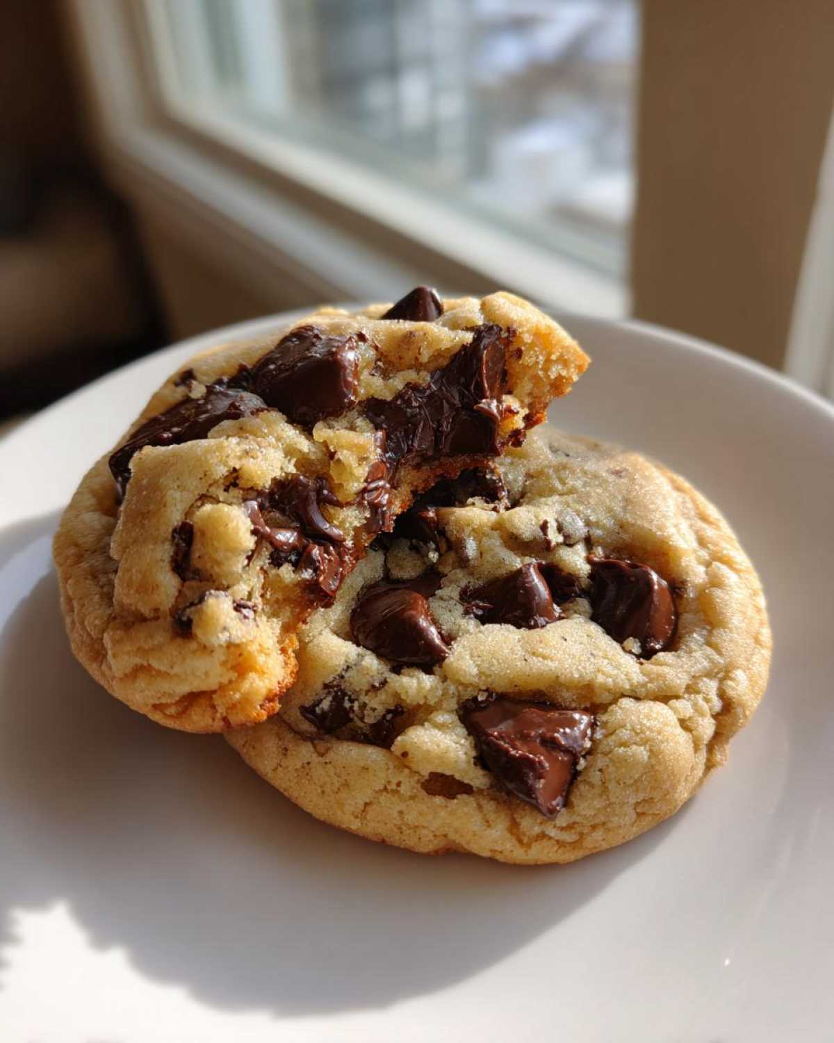 Two soft cream cheese chocolate chip cookies on a white plate, one broken open revealing gooey melted chocolate chunks.