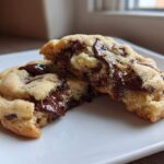 A soft cream cheese chocolate chip cookie broken in half showing a gooey, melted chocolate center.