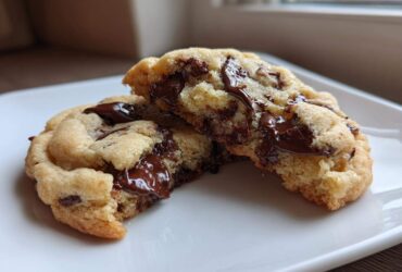 A soft cream cheese chocolate chip cookie broken in half showing a gooey, melted chocolate center.