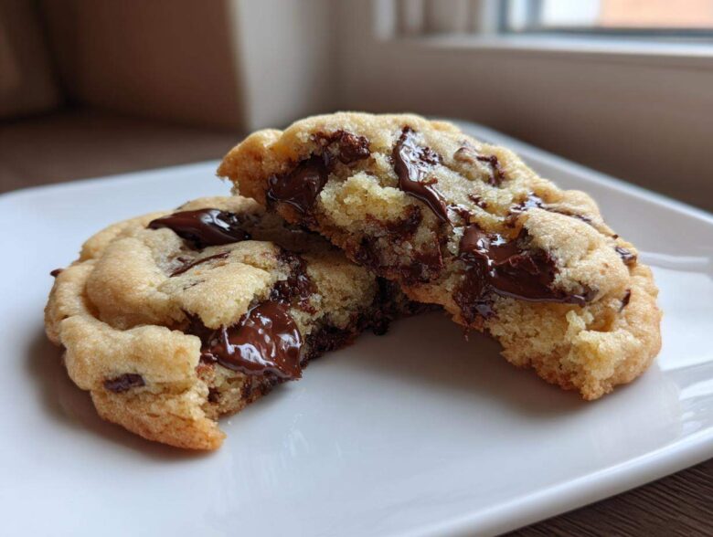 A soft cream cheese chocolate chip cookie broken in half showing a gooey, melted chocolate center.