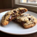 A soft cream cheese chocolate chip cookie broken in half showing gooey, melted chocolate chips inside.