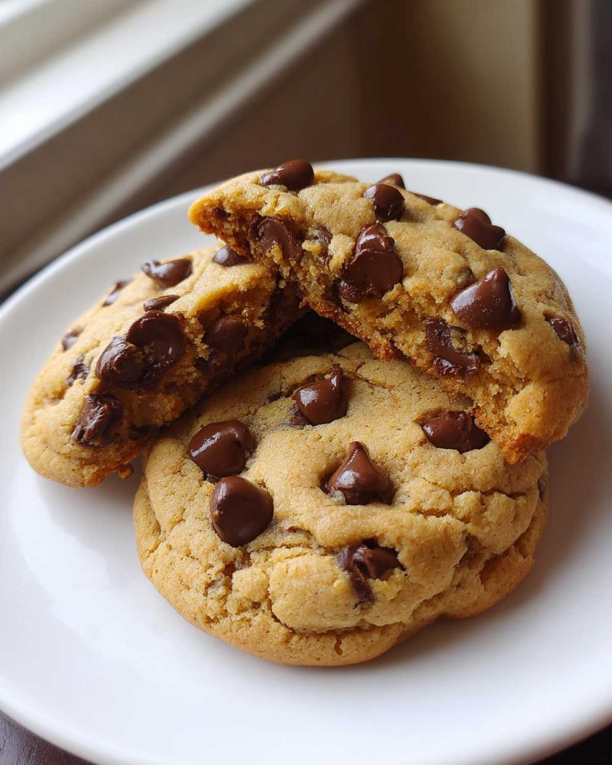 Close-up of two soft cream cheese chocolate chip cookies, one broken in half revealing the chewy interior.