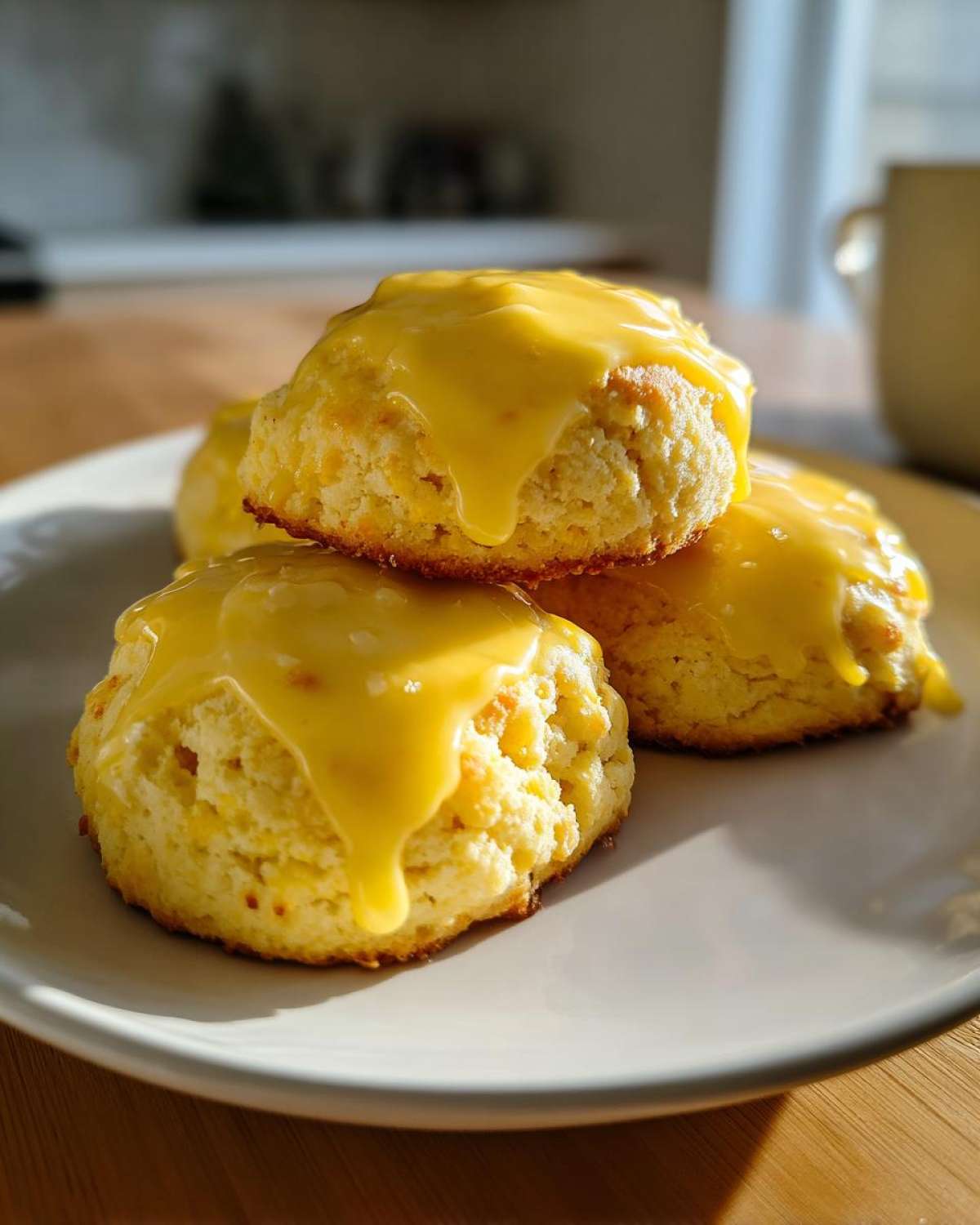 Close-up of three soft Italian ricotta cookies stacked on a plate, generously topped with a thick, bright yellow glaze.