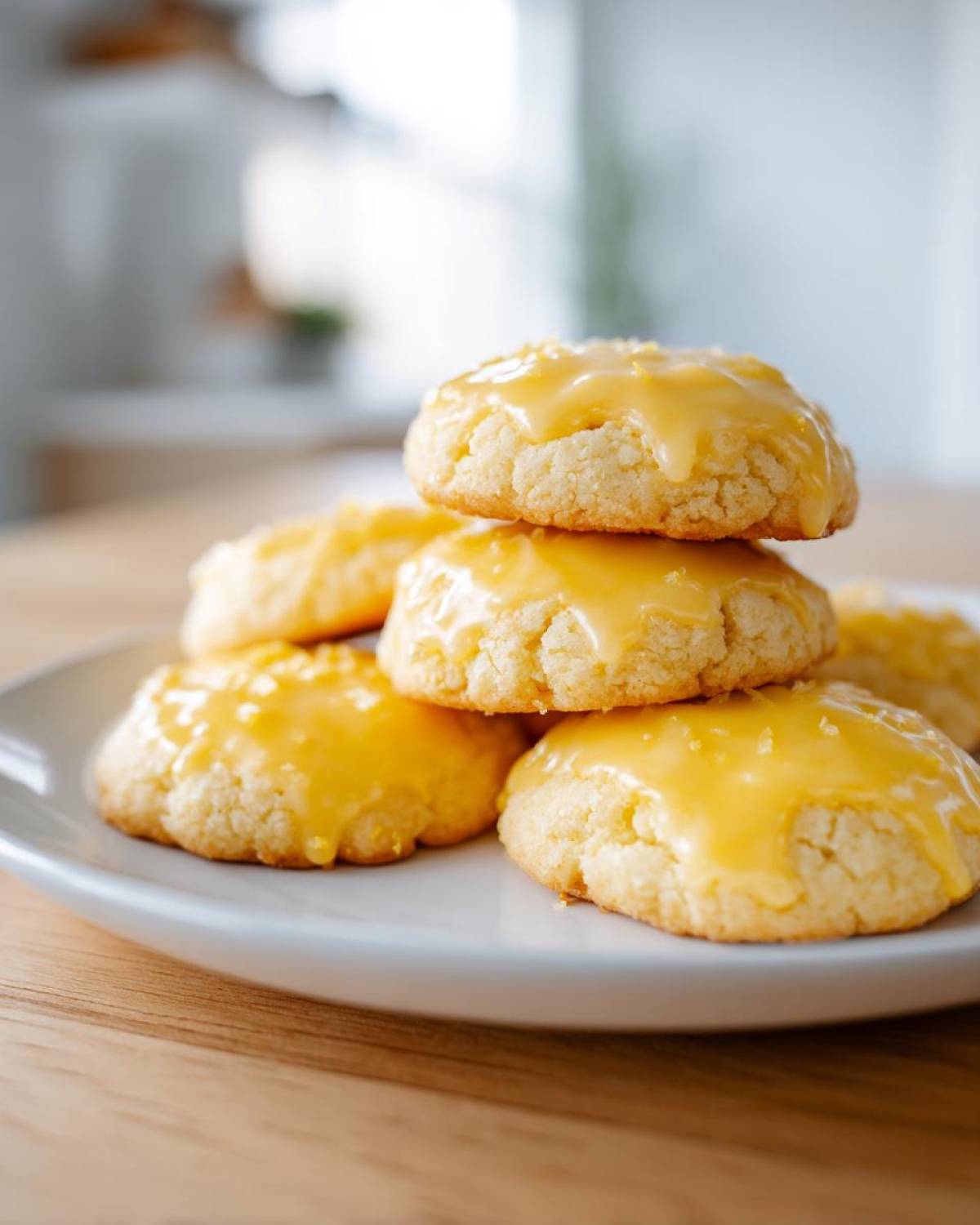 A stack of soft Italian ricotta cookies topped with a bright yellow glaze, resting on a white plate.