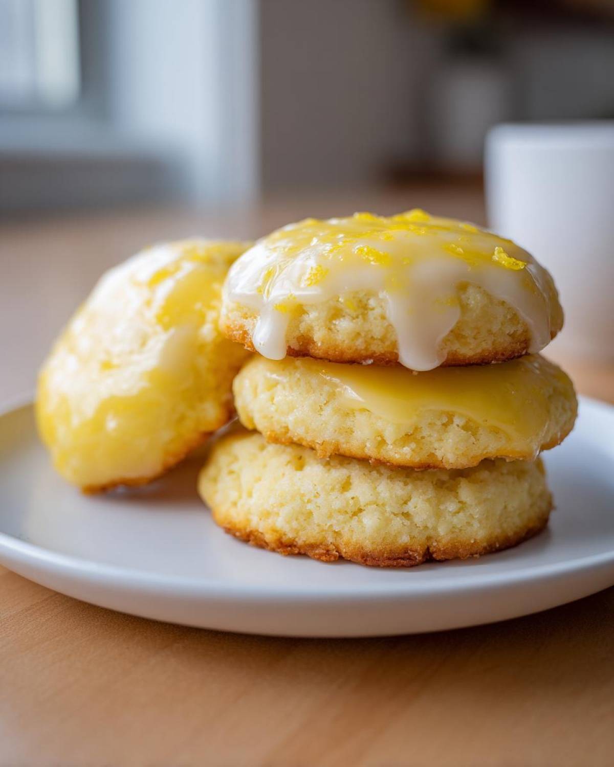 A stack of three soft ricotta cookies topped with bright yellow lemon glaze and zest.