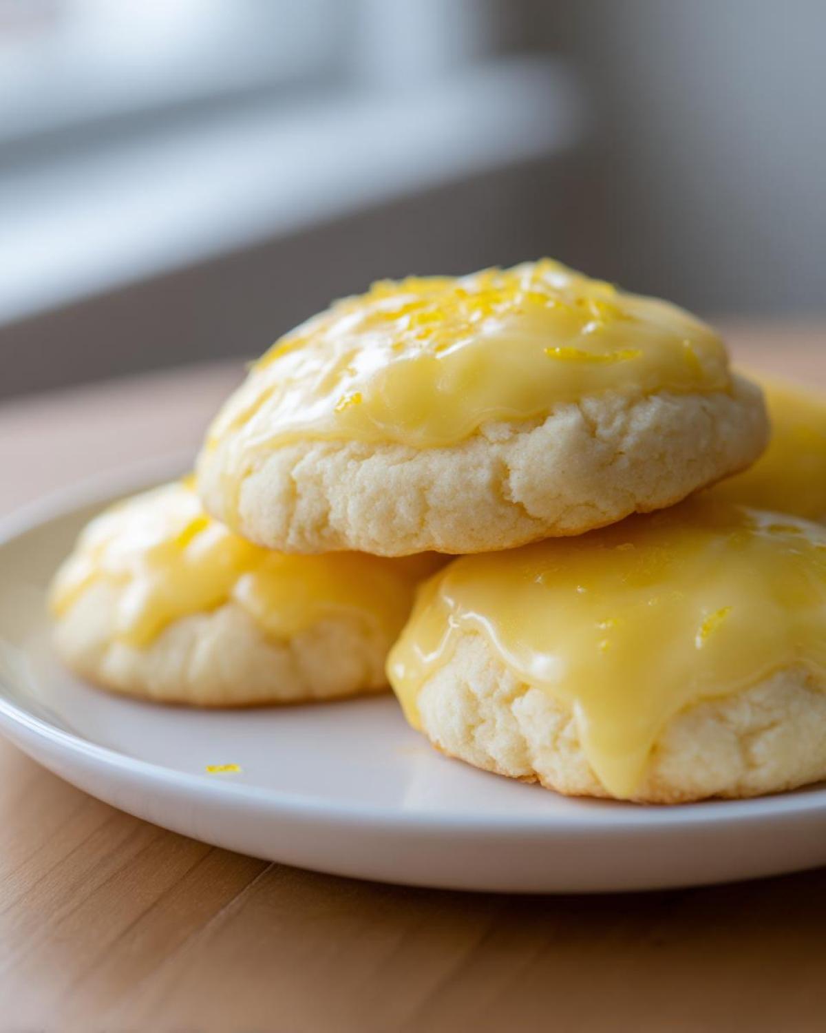 A stack of soft, pale ricotta cookies topped with bright yellow lemon glaze and zest.