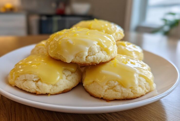 A stack of soft, round ricotta cookies topped with bright yellow lemon glaze and zest.