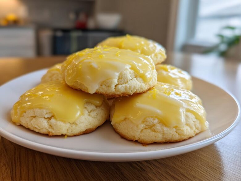 A stack of soft, round ricotta cookies topped with bright yellow lemon glaze and zest.