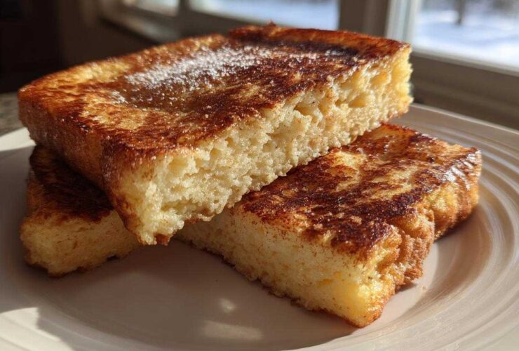 Close-up of thick, golden-brown sourdough french toast slices stacked on a white plate, dusted with powdered sugar.