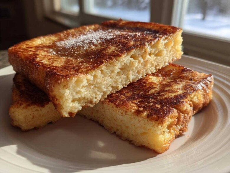 Close-up of thick, golden-brown sourdough french toast slices stacked on a white plate, dusted with powdered sugar.