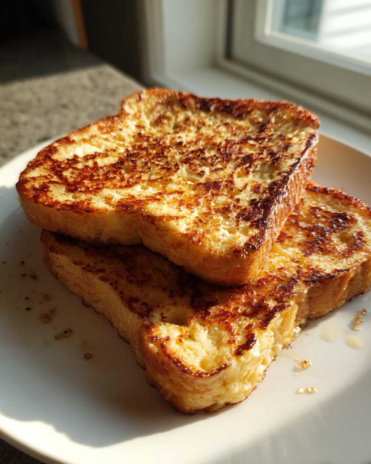Two thick slices of golden brown sourdough french toast stacked on a white plate, glistening in sunlight.