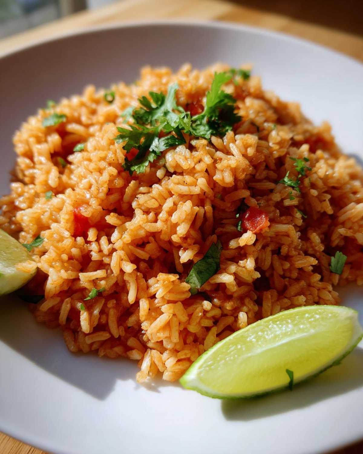 A close-up of a serving of vibrant orange Spanish rice garnished with fresh cilantro and two lime wedges.