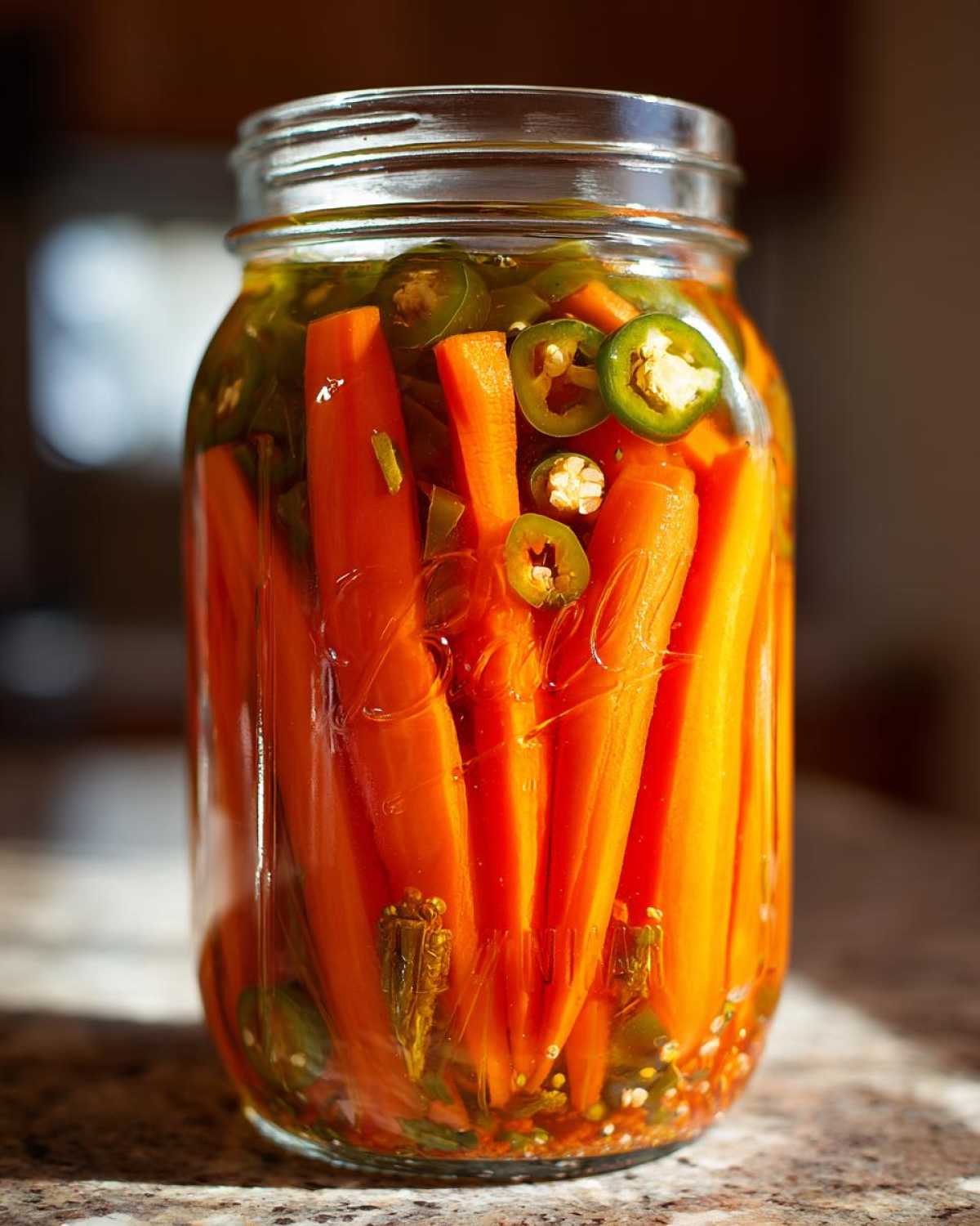 Close-up of bright orange pickled carrots packed vertically in a glass jar with sliced jalapeños.
