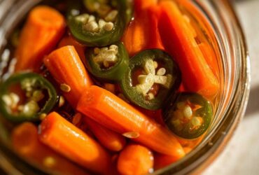 Close-up of bright orange pickled carrots submerged in liquid with slices of green jalapeño peppers.