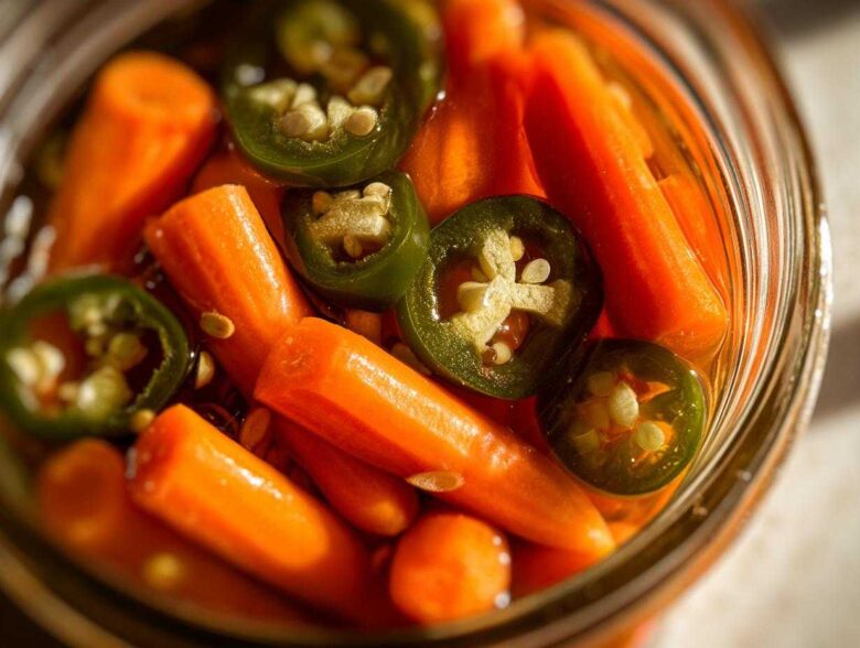 Close-up of bright orange pickled carrots submerged in liquid with slices of green jalapeño peppers.