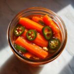 Overhead view of bright orange pickled carrots and sliced jalapeños submerged in brine inside a glass jar.