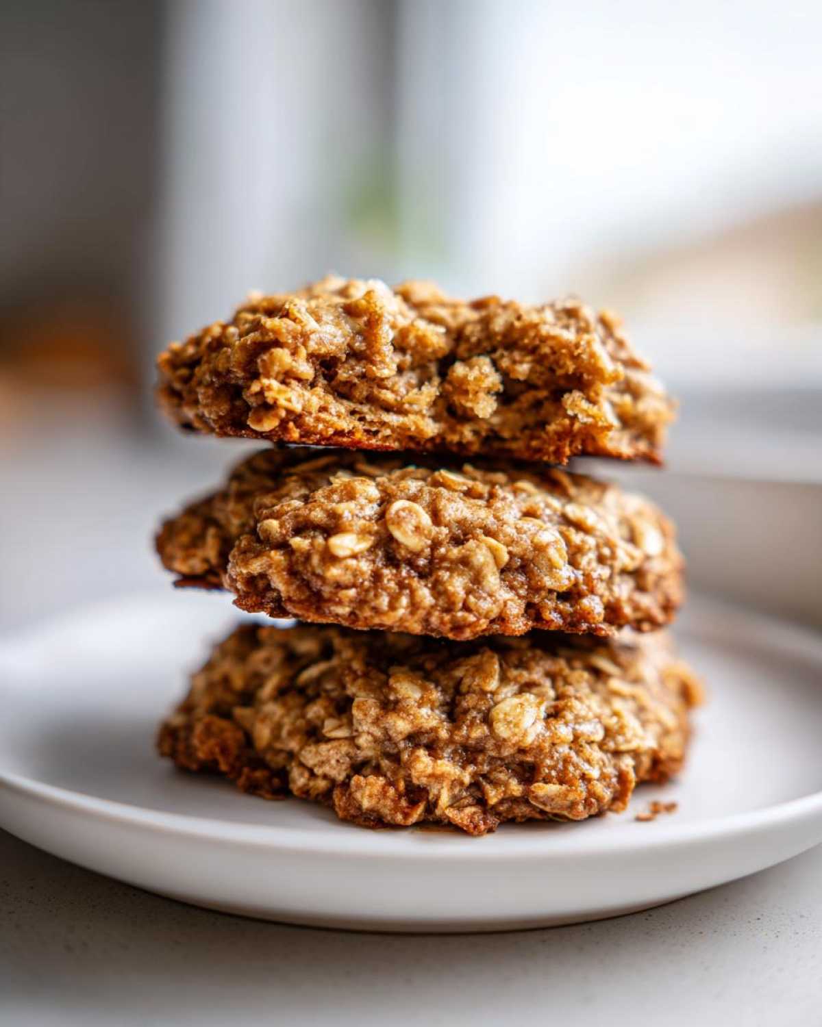 A stack of three chewy banana oatmeal cookies resting on a white plate.