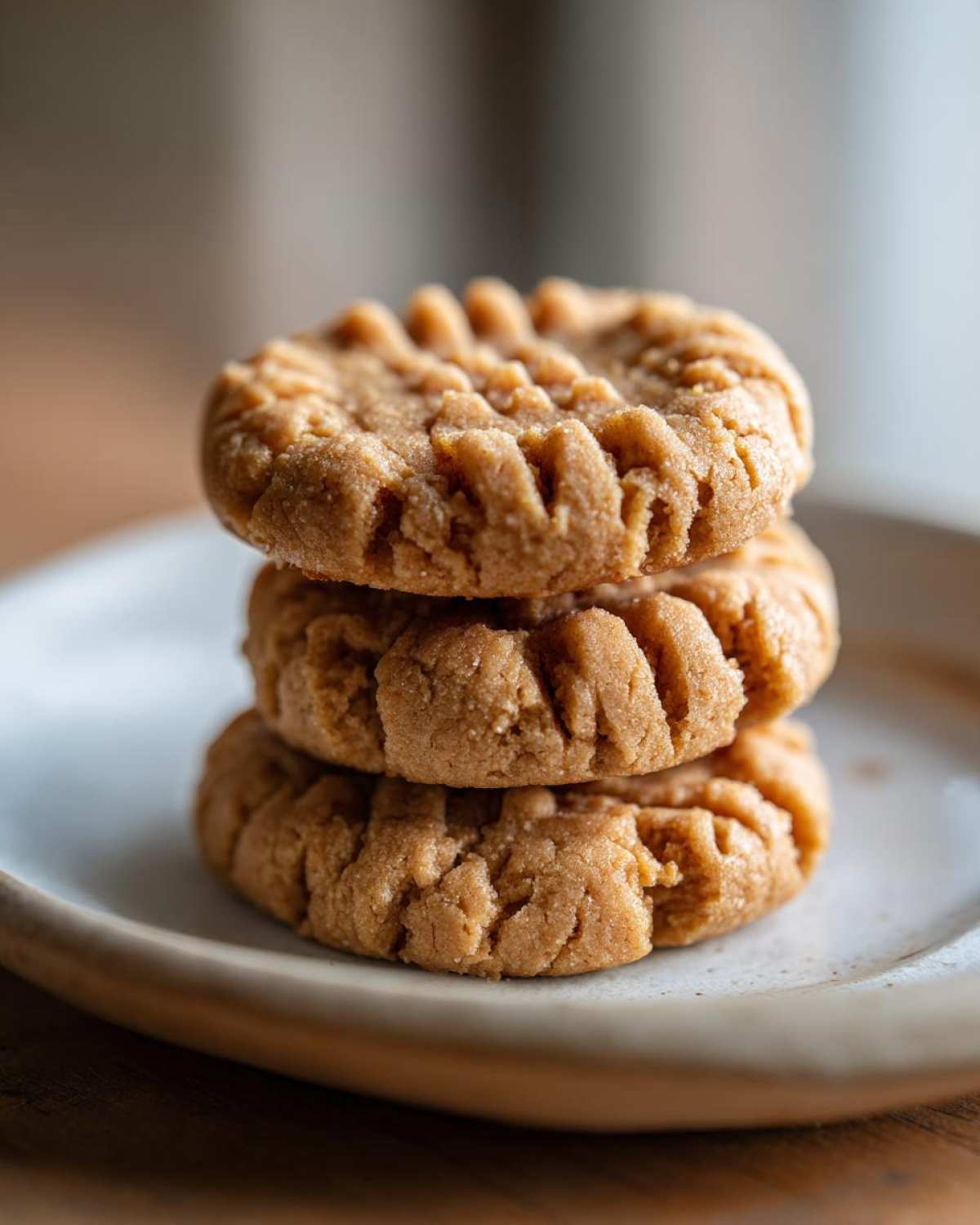 A close-up stack of three perfectly baked peanut butter cookies showing the classic crisscross fork marks.