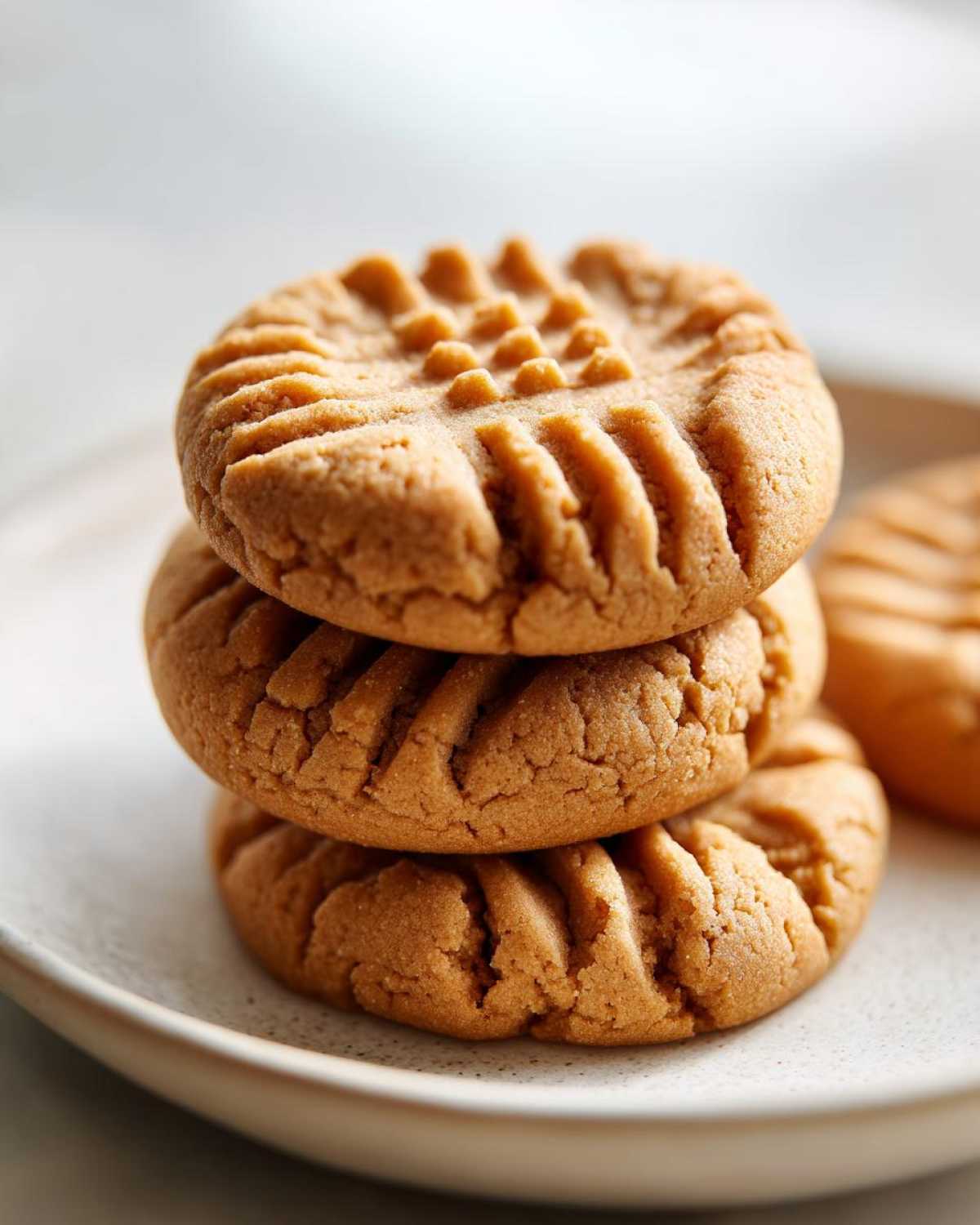 A close-up stack of three classic peanut butter cookies showing the traditional criss-cross fork marks.