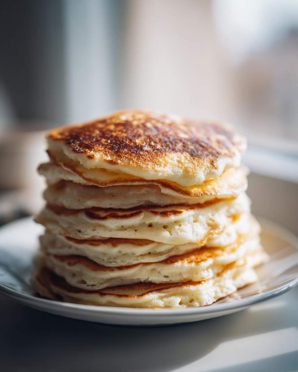 A tall stack of six incredibly fluffy pancakes showing their height and golden-brown tops.
