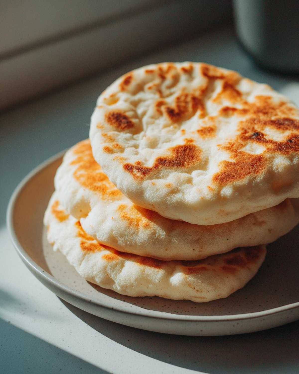 A stack of three fluffy, golden-brown homemade pita bread pockets resting on a light gray plate.