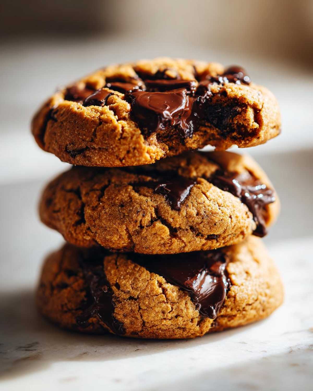 A close-up stack of three rich, golden vegan chocolate chip cookies with melted chocolate oozing out.