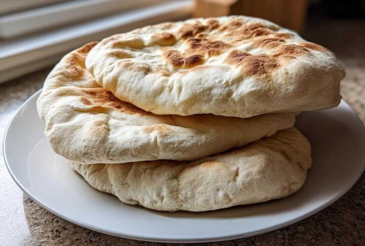 A stack of three fluffy, freshly baked pita bread rounds with golden-brown spots resting on a white plate.