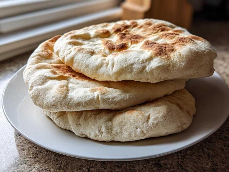 A stack of three fluffy, freshly baked pita bread rounds with golden-brown spots resting on a white plate.