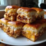 A close-up stack of gooey, cheesy bbq chicken sliders on sweet Hawaiian rolls.