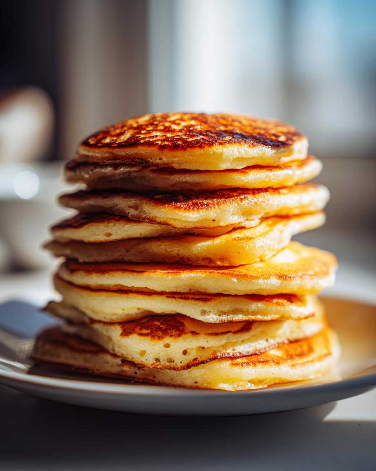 A tall stack of seven golden brown, fluffy pancakes sitting on a white plate, perfectly cooked.