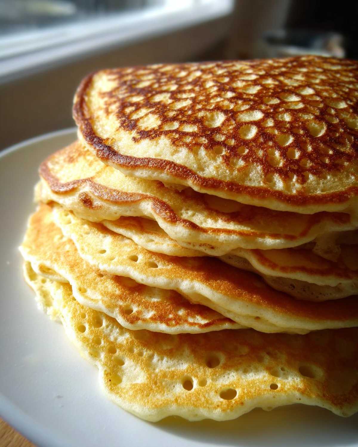 A tall stack of five golden brown, fluffy pancakes showing many bubbles on the surface.