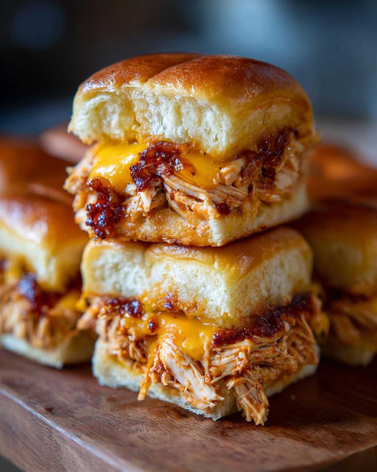 Two stacked bbq chicken sliders featuring shredded chicken, melted cheddar cheese, and a dark sauce on brioche buns.