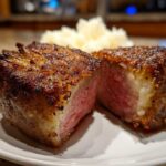 Two halves of a perfectly cooked steak with a seasoned crust and medium-rare center, served next to a portion of mashed potatoes, perhaps accompanying an air fryer baked potato.